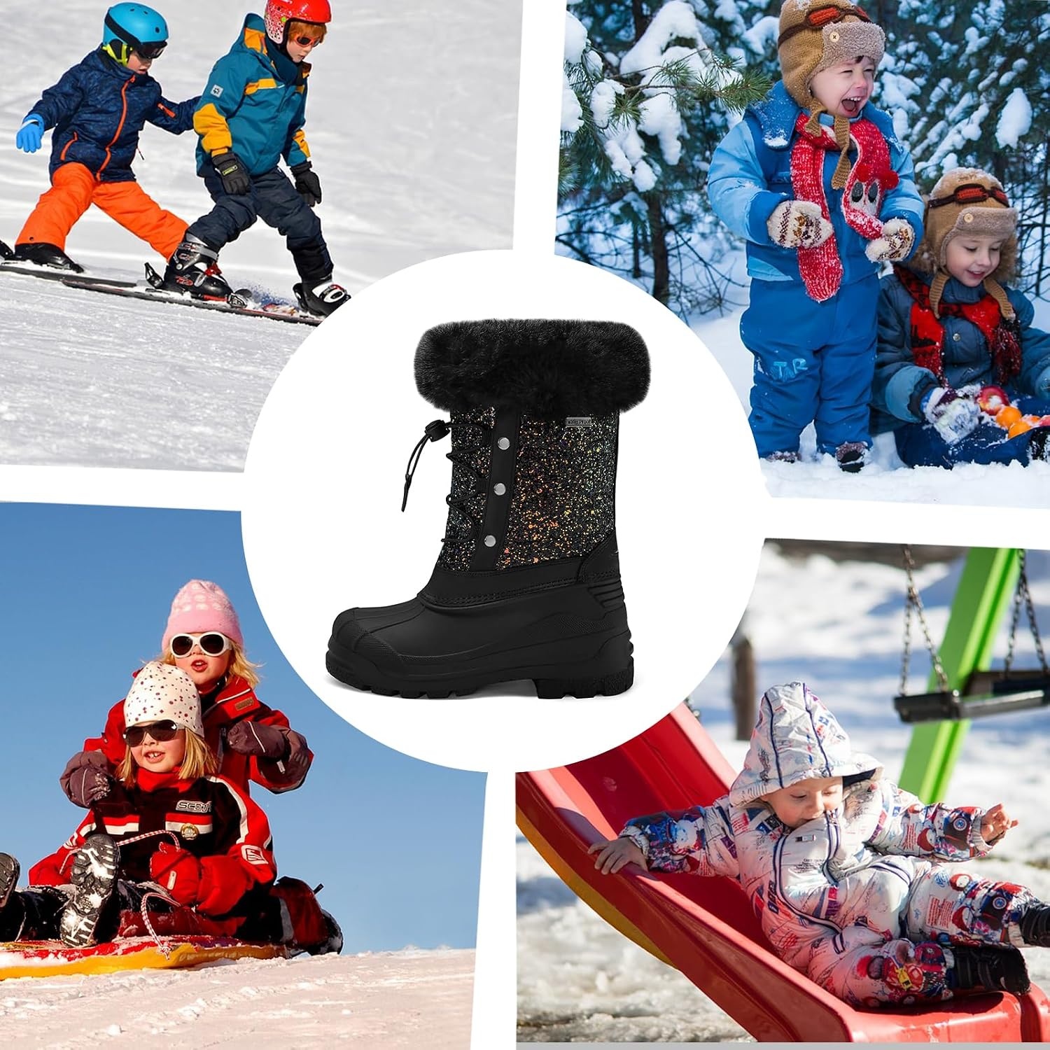 image:imageBoys Girls Fur Lined Waterproof Winter BootBlack Glitter