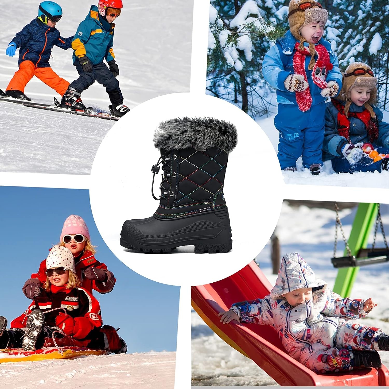 image:imageBoys Girls Fur Lined Waterproof Winter BootBlackMulticolor