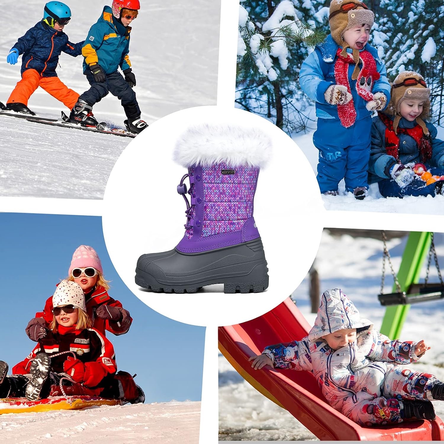image:imageBoys Girls Fur Lined Waterproof Winter BootPurpleMulticolor