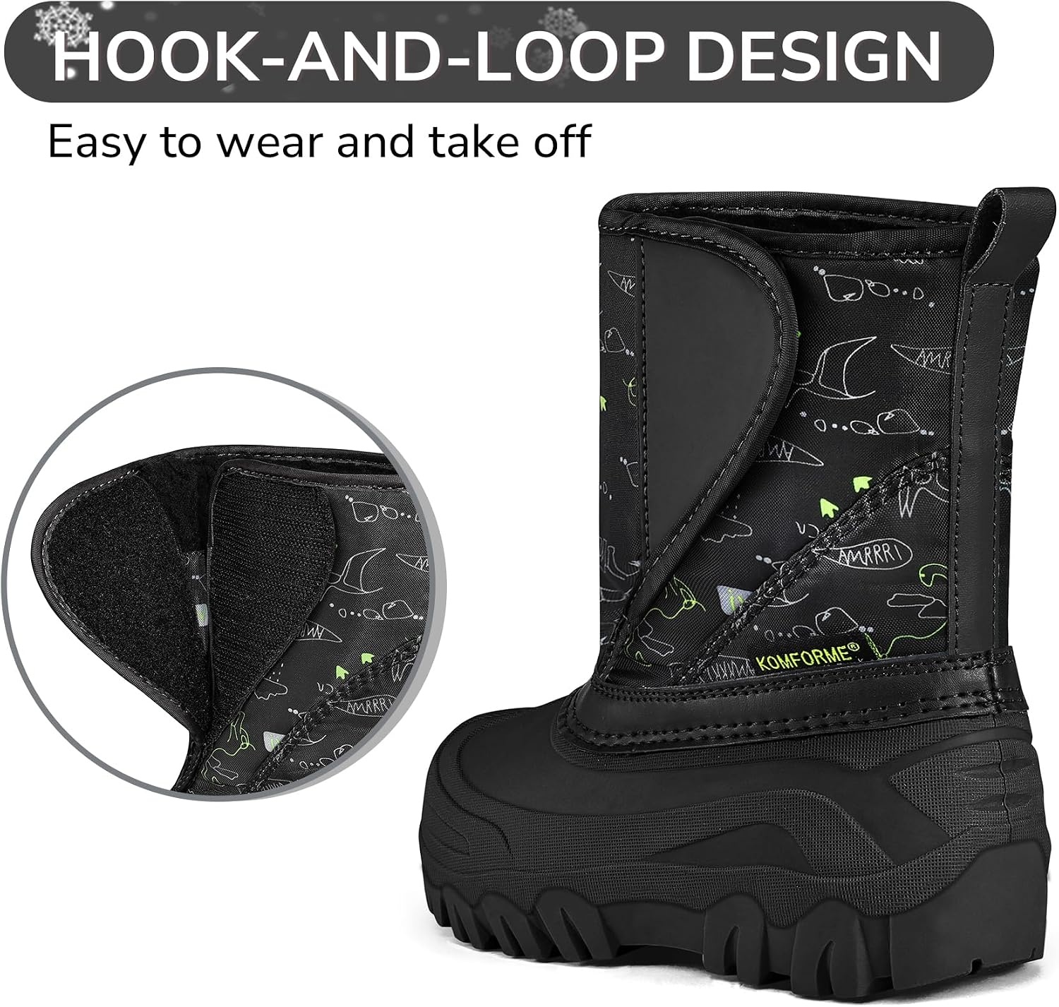 image:imageKids Winter Snow Boots Hook amp Loop Faux Fur Lined Warm Insulated ShoesDinosaur