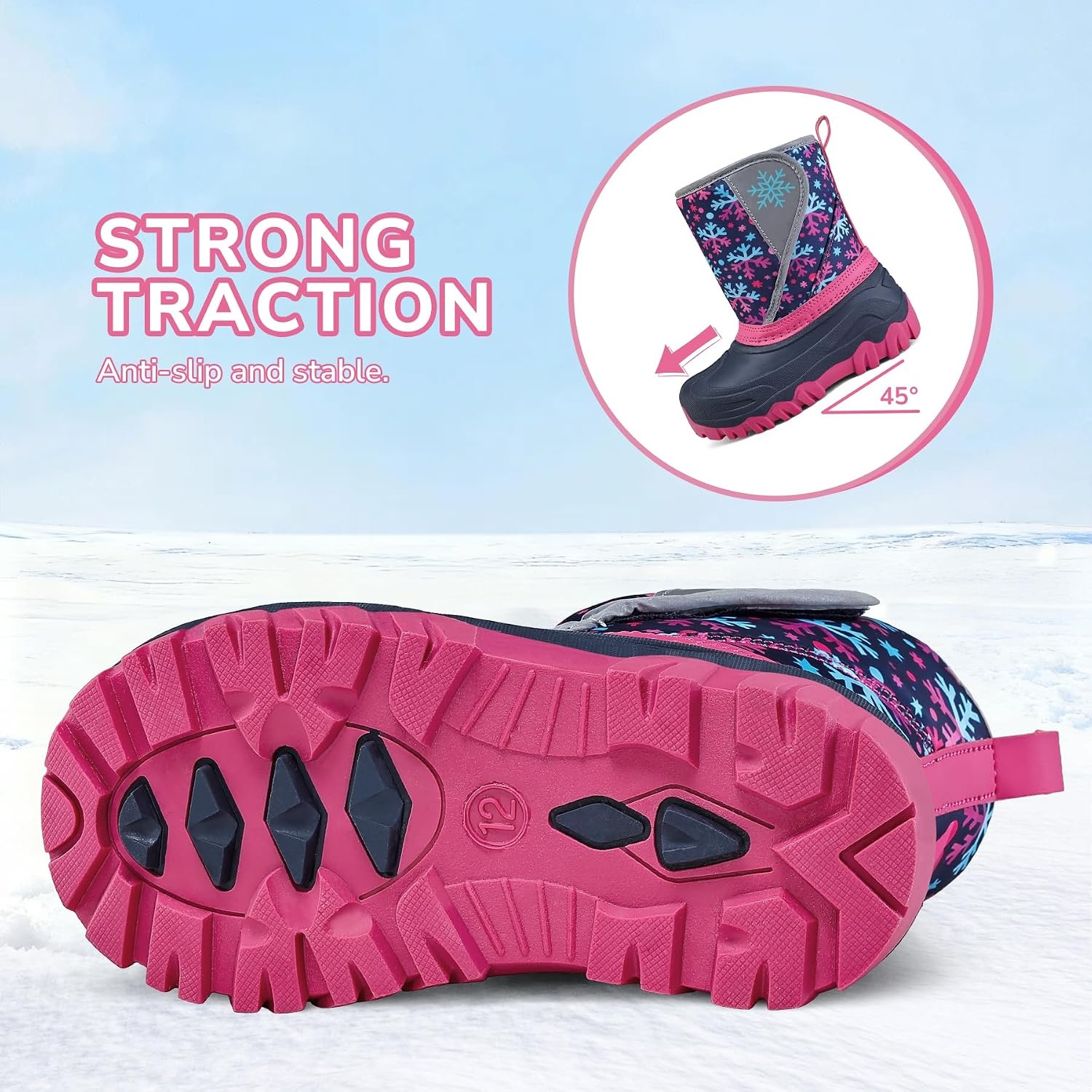 image:imageKids Winter Snow Boots Hook amp Loop Faux Fur Lined Warm Insulated ShoesPinkBlue