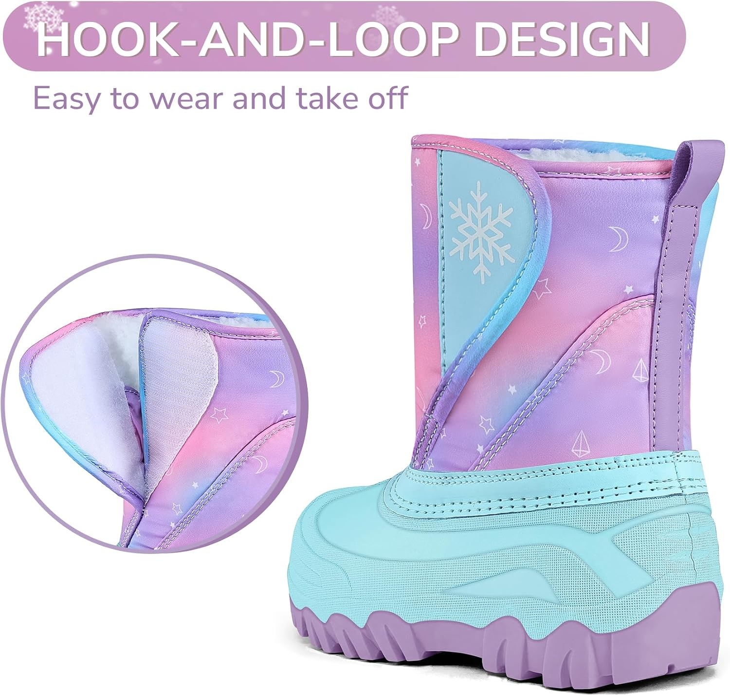 image:imageKids Winter Snow Boots Hook amp Loop Faux Fur Lined Warm Insulated ShoesRainbowAqua