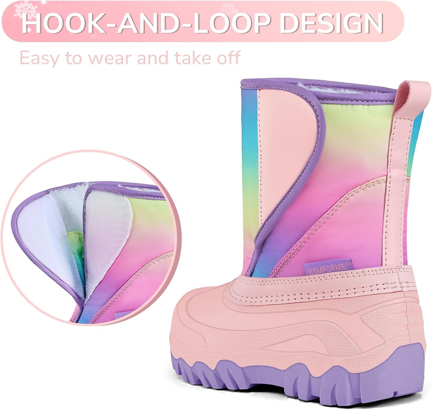 image:imageKids Winter Snow Boots Hook amp Loop Faux Fur Lined Warm Insulated ShoesRainbowPink