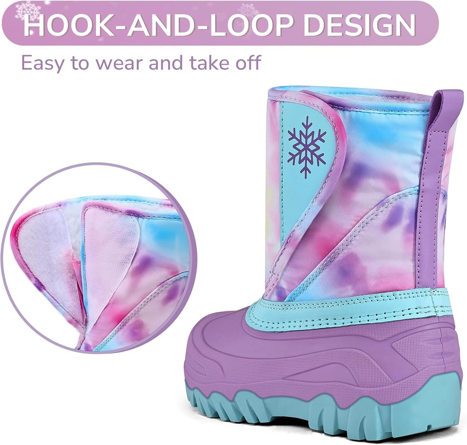image:imageKids Winter Snow Boots Hook amp Loop Faux Fur Lined Warm Insulated ShoesRainbowPurple