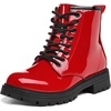 Girls Boys Combat Boots Kid Ankle Boots with Side Zipper(Red Patent)