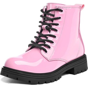 Girls Boys Combat Boots Kid Ankle Boots with Side Zipper(Pink Patent)