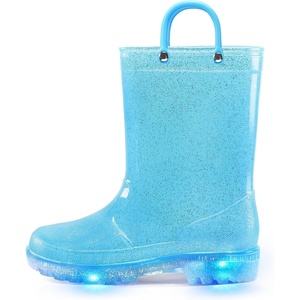 Kids Rain Boots Boys Girls Light up Boots with Easy-on Handles(Blue Glitter)