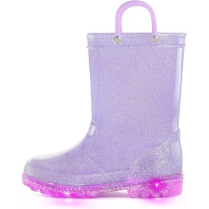 Kids Rain Boots Boys Girls Light up Boots with Easy-on Handles(Purple Glitter)