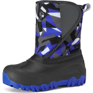 Kids Winter Snow Boots Hook & Loop Faux Fur Lined Warm Insulated Shoes(Gray/Blue)