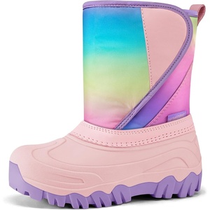 Kids Winter Snow Boots Hook & Loop Faux Fur Lined Warm Insulated Shoes(Rainbow/Pink)